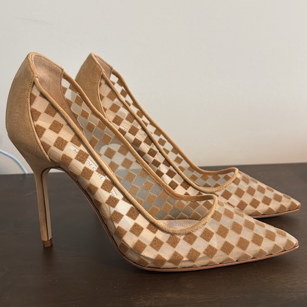 Manolo Blahnik Tan Suede and Mesh Checkered heels size 36.5